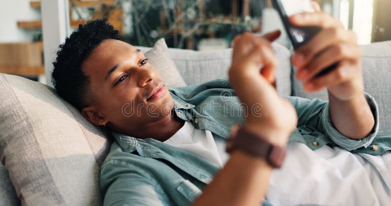 Man, Relax and Scroll with Phone on Sofa for Weekend Break, Dating Site Chat and App Download. Smile, Person and Rest Stock Image - Image of chat, happy: 373605679