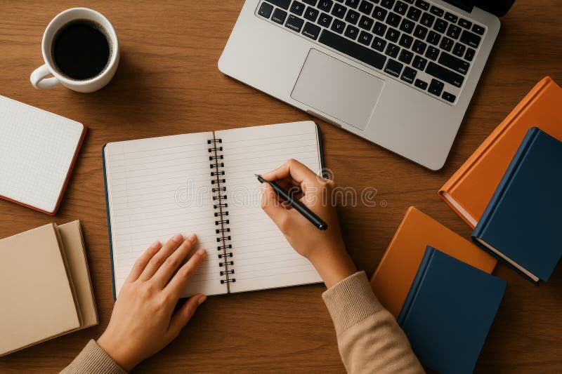 Person Writing in a Notebook at Desk with Laptop, Coffee, and Books Stock Image - Image of workspace, productivity: 382530389