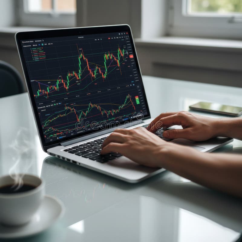 Trading on the Market: a Person Analyzes Stock Charts on a Laptop with Coffee and Phone Nearby, Focusing on the Data. Stock Illustration - Illustration of market, office: 406849484